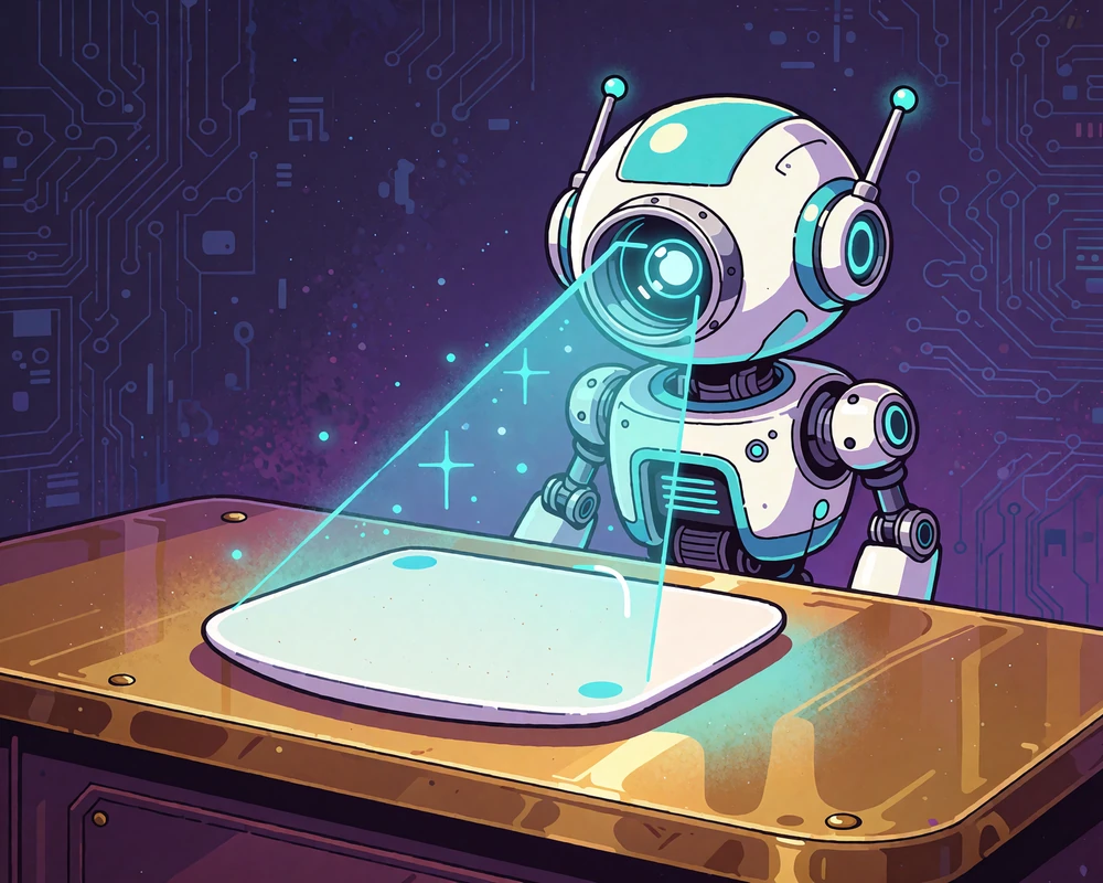 Biało-chromowy robot ze skanerem weryfikującym dokument na brązowym biurku - KYC w Casoola Casino
