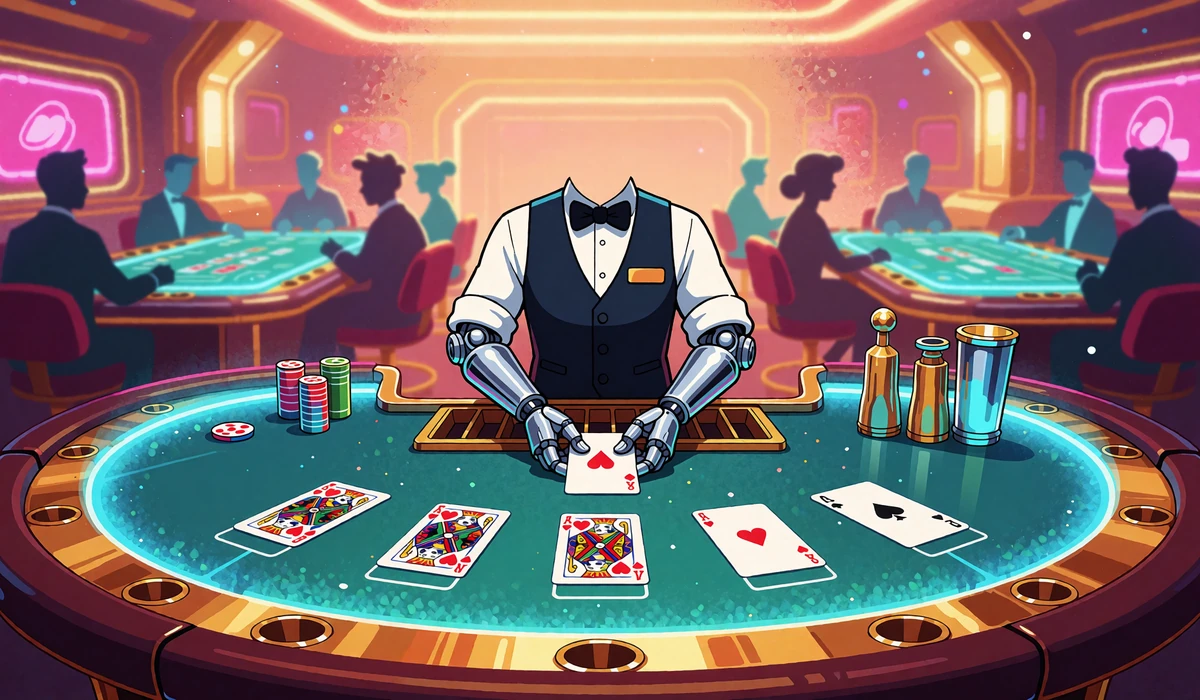 Krupier przy świecącym stole karcianym w futurystycznej sali - kasyno na żywo w Casoola Casino