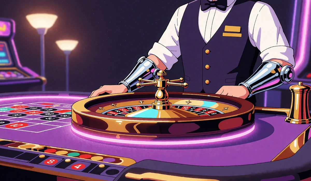Krupier przy świecącym stole ruletki z złotym kołem - st&oacute;ł kasyna na żywo w Casoola Casino