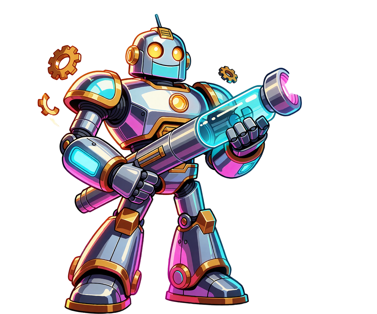 Chromowany robot-maskotka Casoola Casino wystrzeliwuje cyjanowo-magentowe iskry energii z działka bonusowego