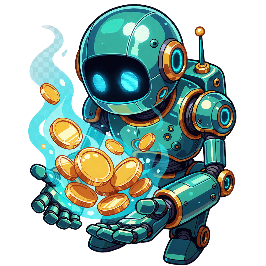 Teal robot trzymający unoszące się złote monety - symbol bonusu Crypto Welcome w Casoola Casino