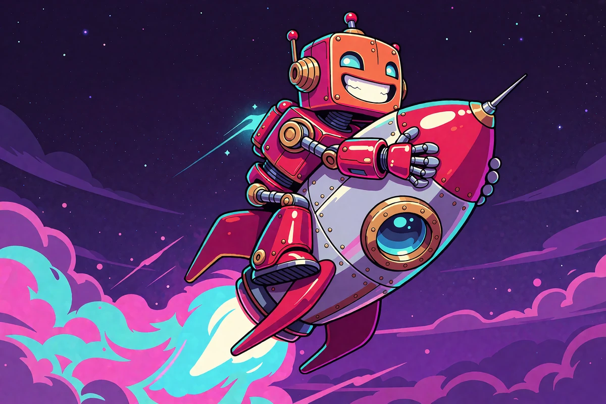 Czerwony robot na rakiecie wznoszącej się po niebie - gra crash w stylu Aviatora w Casoola Casino