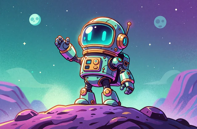 Kresk&oacute;wkowy robot-odkrywca na fioletowym grzbiecie skalnym - slot Robot Explorer w Casoola Casino