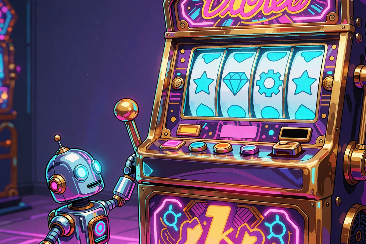 Chromowany robot ciągnący złotą rączkę automatu z pięcioma świecącymi bębnami - video slot w Casoola Casino